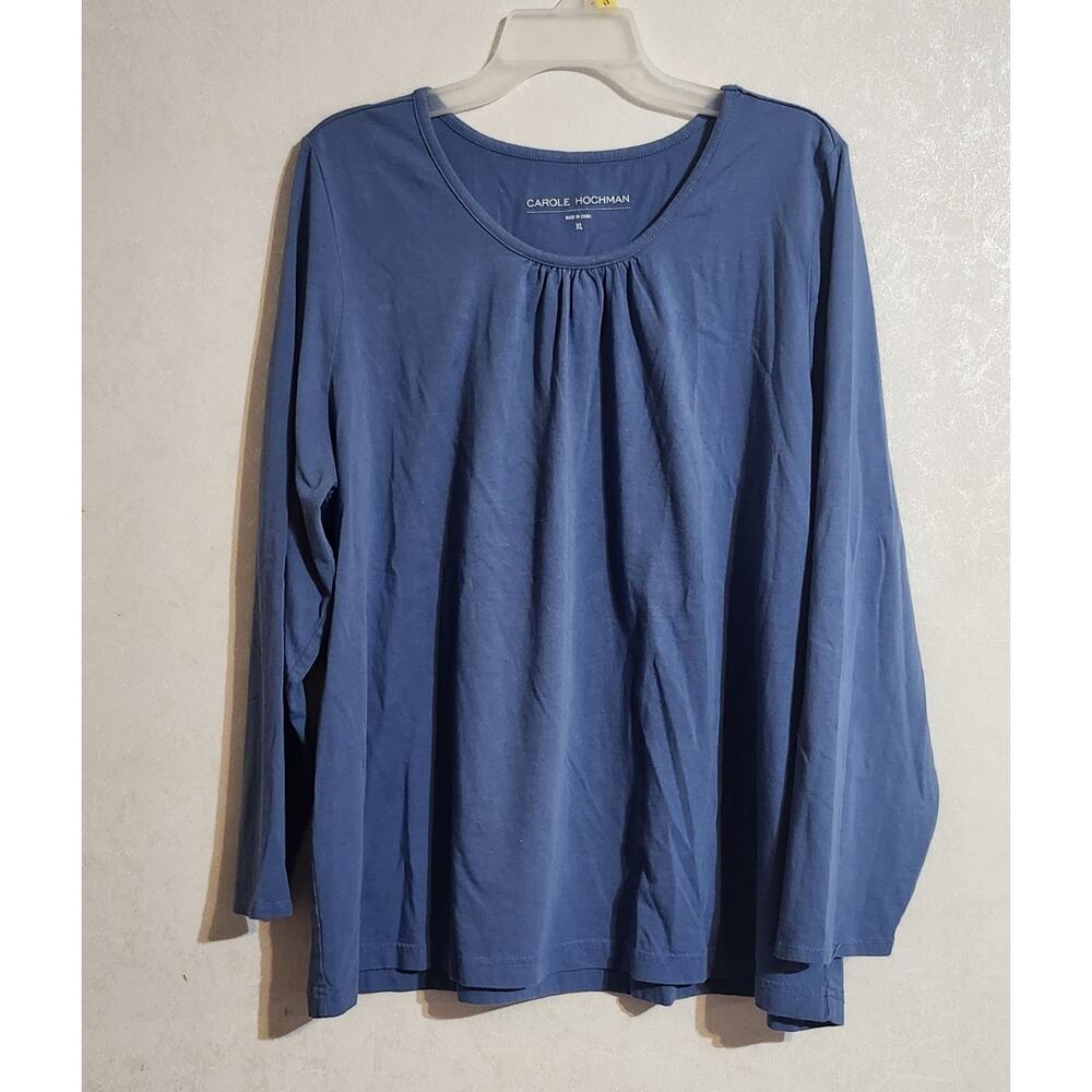 Carol Hochman Top sz XL Blue Round Neck Pleated Long Sleeve Light Weight